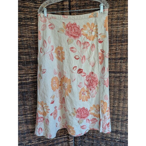 Eddie Bauer 100% Linen Floral Midi Wrap Skirt Women's 10 Petite Tan Fall Boho - Picture 1 of 8